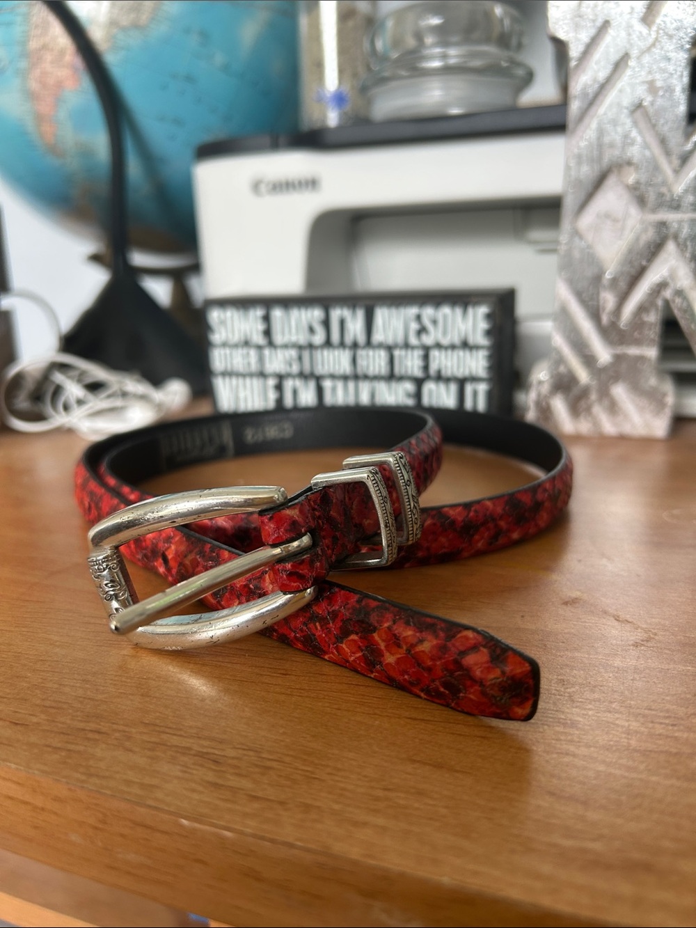 Brighton Red Snakeskin-Print Leather Belt with Silver Buckle